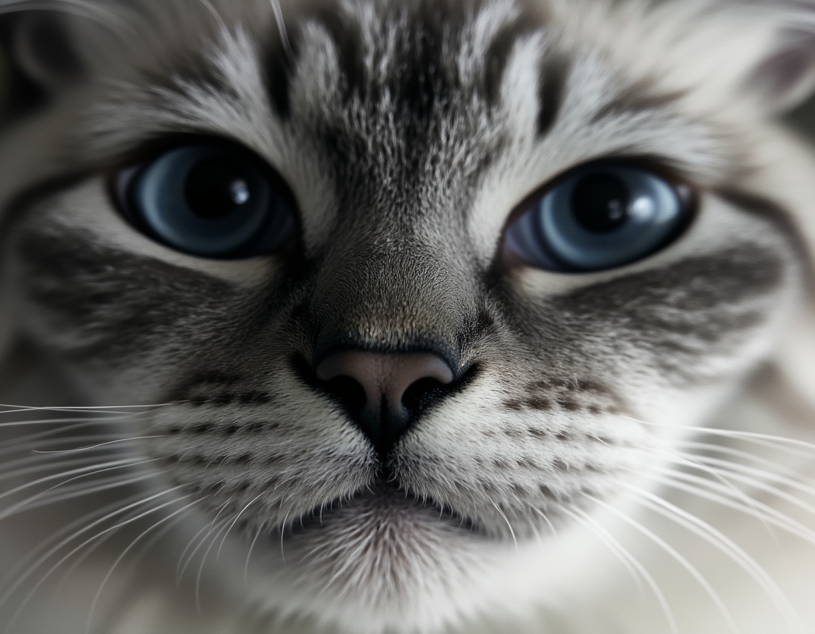 Close-up black and white studio portrait of a cat’s face, lit with soft diffused light. Every whisker, eyelash, and fur strand is rendered in hyper-detailed monochrome.
